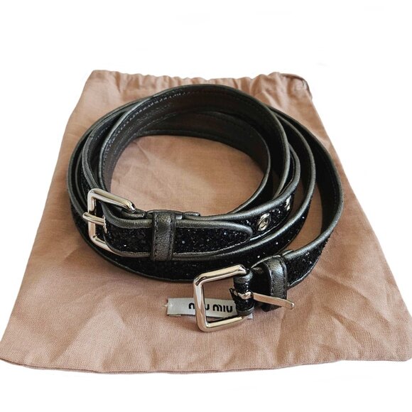 MIU MIU BLACK GLITTER DOUBLE TOUR THIN LEATHER BELT (80) - Picture 8 of 8